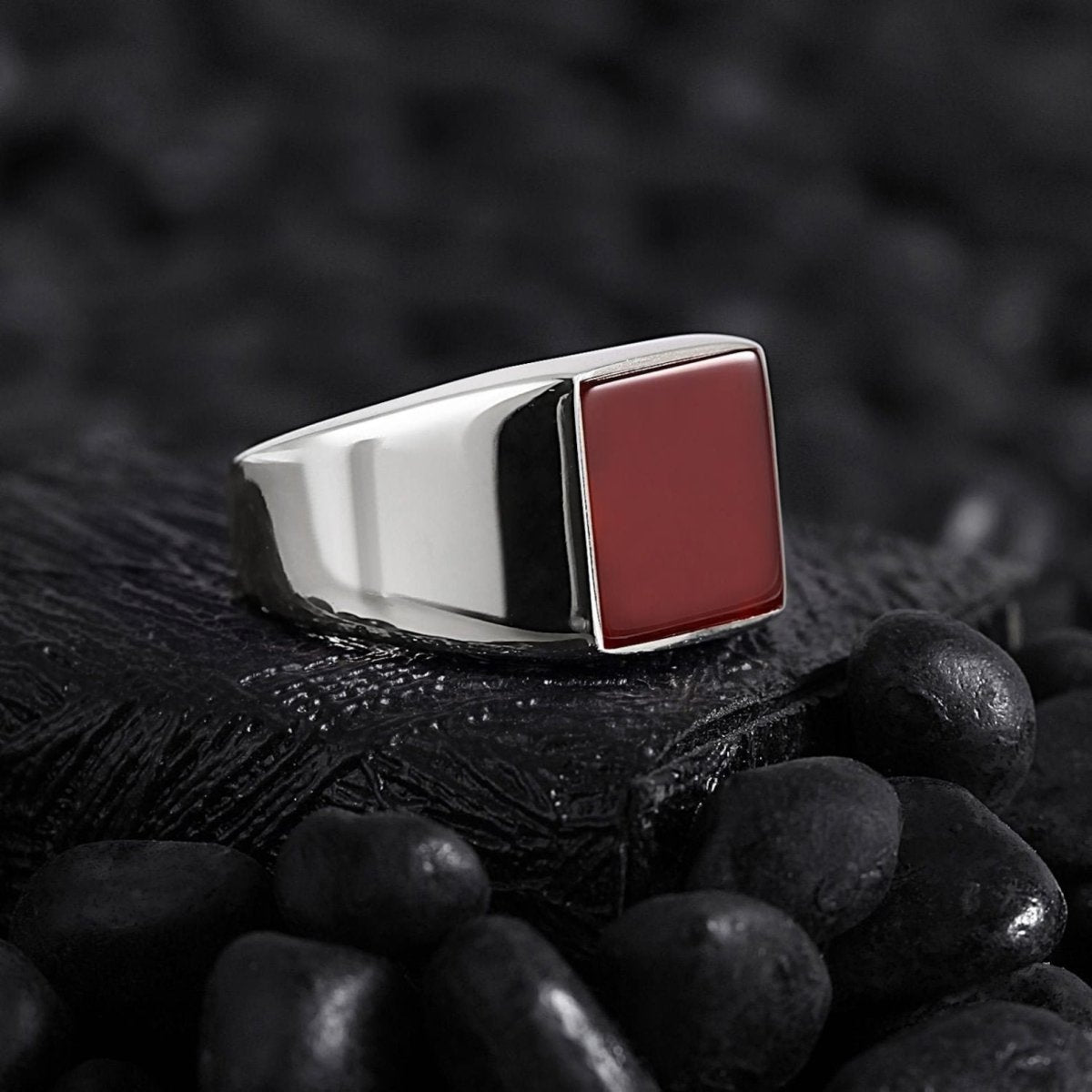 Men’s Silver Square Signet Ring with Onyx Black Zircon Red Agate Mother of Pearl Tiger Eye Blue Sapphire (Copy) Othello