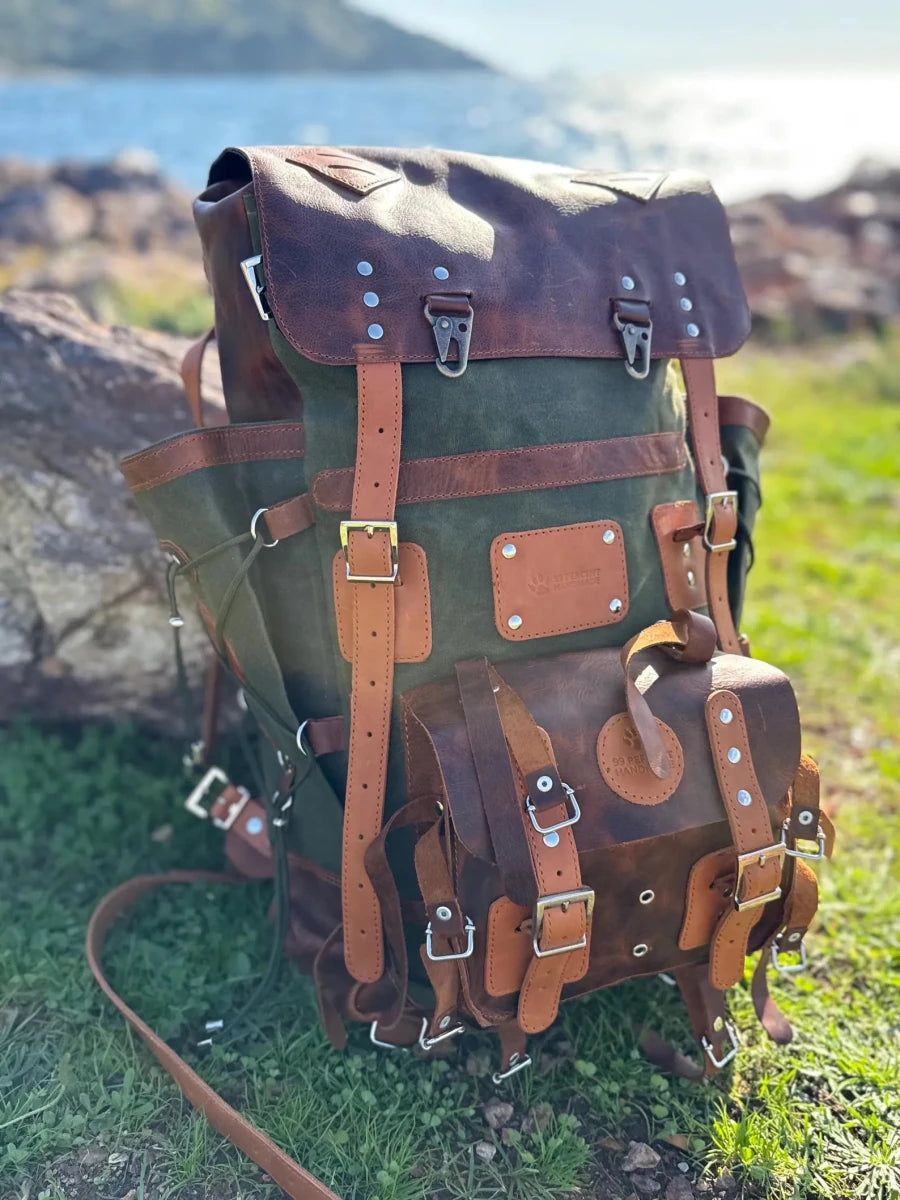 Heritage 45L Versatile Backpack: Handmade Leather & Canvas for Bushcraft, Travel & Daily Use 99percenthandmade