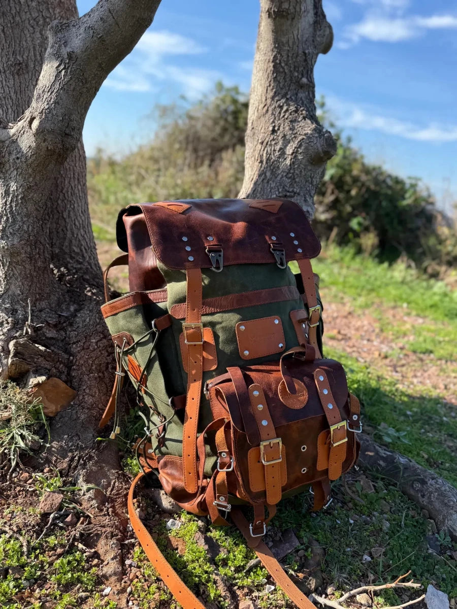 Heritage 45L Versatile Backpack: Handmade Leather & Canvas for Bushcraft, Travel & Daily Use 99percenthandmade