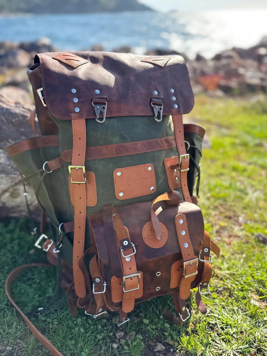Heritage 45L Versatile Backpack: Handmade Leather & Canvas for Bushcraft, Travel & Daily Use 99percenthandmade