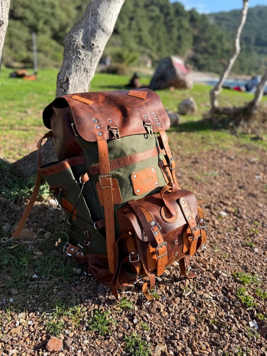 Heritage 45L Versatile Backpack: Handmade Leather & Canvas for Bushcraft, Travel & Daily Use 99percenthandmade