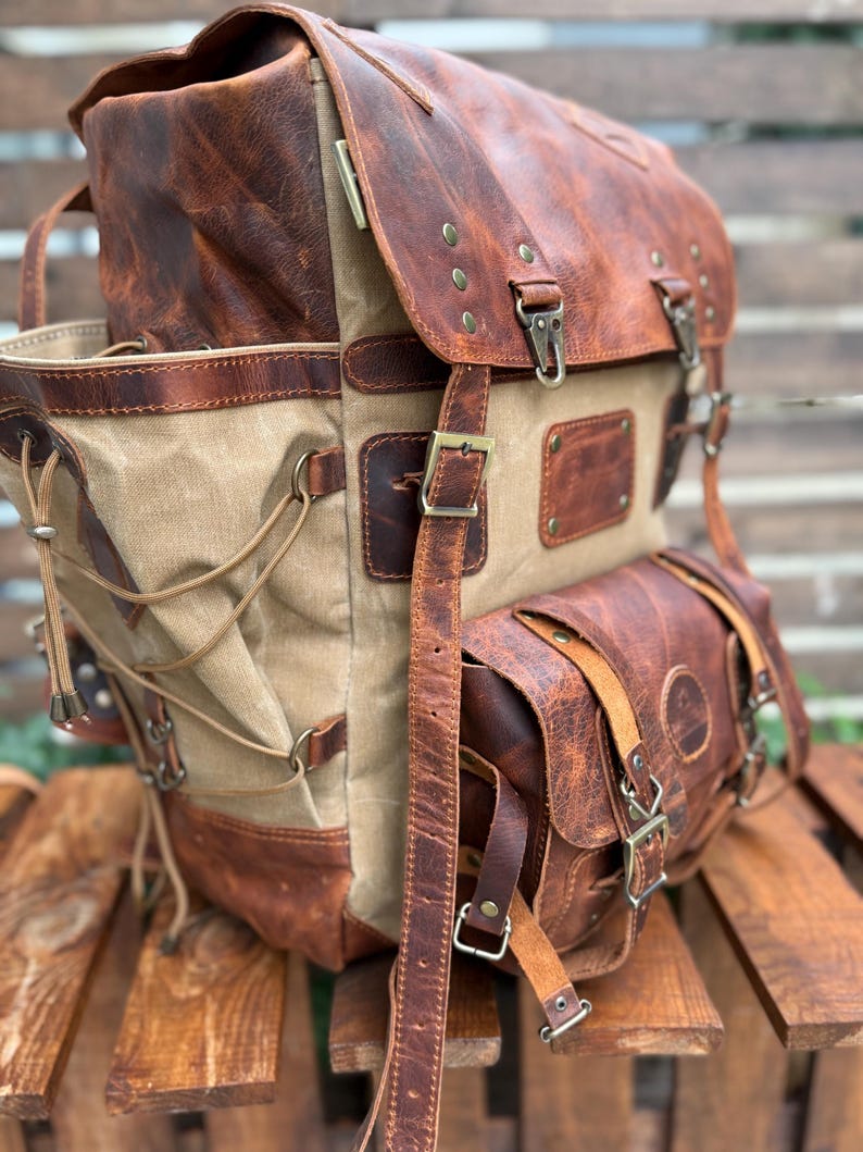 Heritage 45L Versatile Backpack: Handmade Leather & Canvas for Bushcraft, Travel & Daily Use - 99percenthandmade - 99percenthandmade - 25 Liter - Brown - Brown Color Straps - 