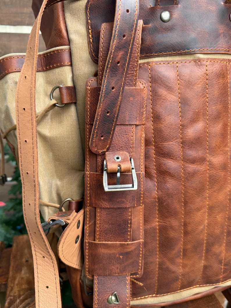 Heritage 45L Versatile Backpack: Handmade Leather & Canvas for Bushcraft, Travel & Daily Use - 99percenthandmade - 99percenthandmade - 25 Liter - Brown - Brown Color Straps - 