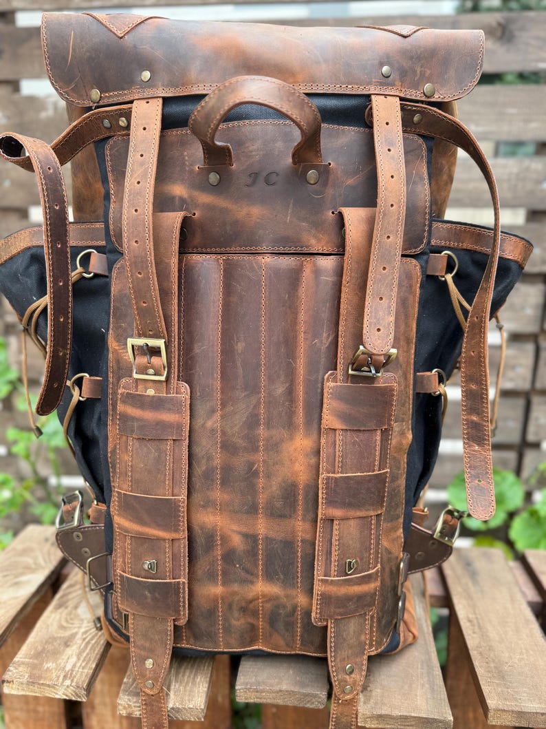 Heritage 45L Versatile Backpack: Handmade Leather & Canvas for Bushcraft, Travel & Daily Use - 99percenthandmade - 99percenthandmade - 25 Liter - Black - Brown Color Straps - 