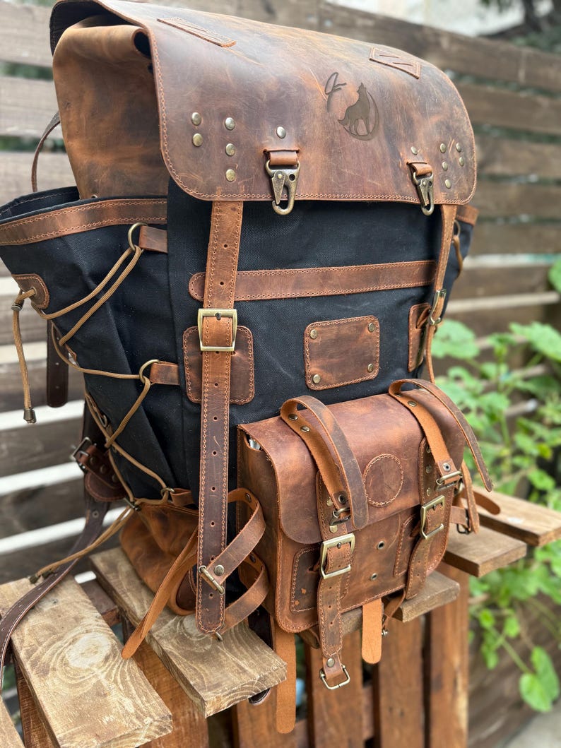Heritage 45L Versatile Backpack: Handmade Leather & Canvas for Bushcraft, Travel & Daily Use - 99percenthandmade - 99percenthandmade - 25 Liter - Black - Brown Color Straps - 