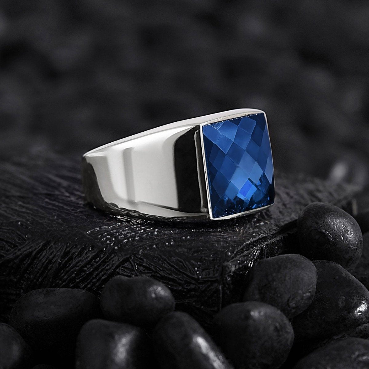 Men’s Silver Square Signet Ring with Onyx Black Zircon Red Agate Mother of Pearl Tiger Eye Blue Sapphire (Copy) Othello