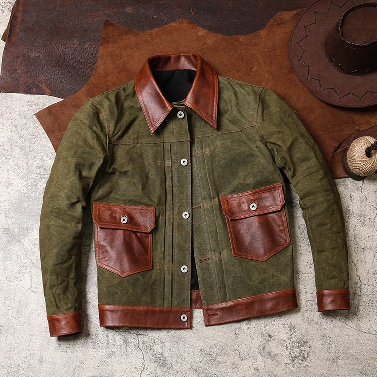 New Color | Waxed Canvas And Leather Jacket | Tailored to Your Size | Brown | Green | Leather Jacket | Canvas Jacket | Gifts For Men - 99percenthandmade - 99percenthandmade - XS Letter size - Green - 