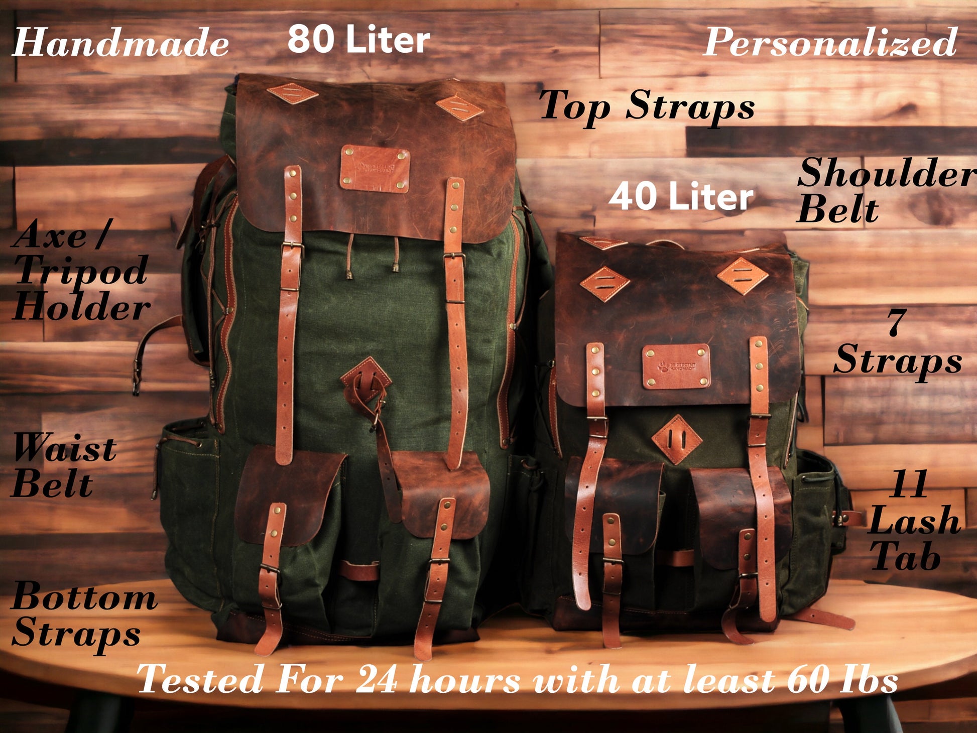 Handmade Camping Backpack, Brown Leather, Brown-Green Waxed Canvas.  Best Backpack-Rucksack for Bushcraft, Camping, Outdoor, Hiking. 30 Liter backpack, 40 liter backpack, 50 Liter backpack, 60 Liter backpack, 70 liter backpack, 80 liter backpack,
