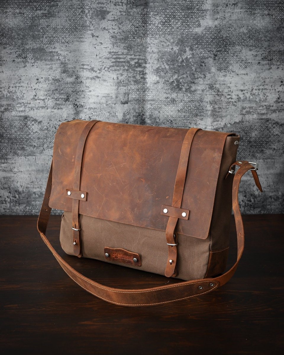 Handmade Messenger bag, Laptop Bag, Briefcase Bag. Size : 13 inch to 17 inch with Brown-Green Color Options  99percenthandmade   