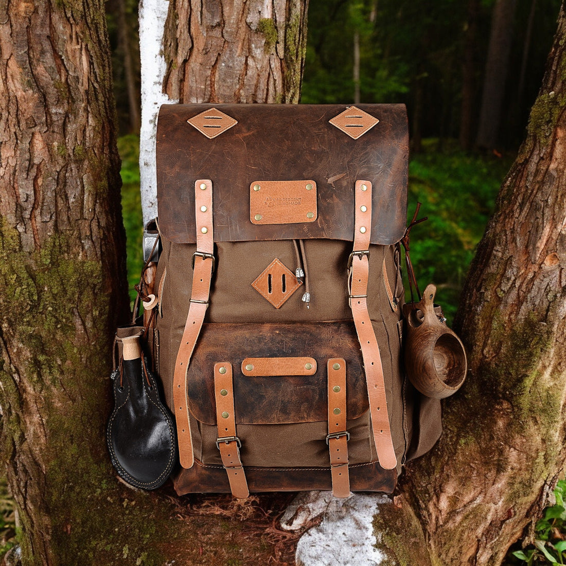 30L to 80L | Bushcraft Backpack | Leather and Waxed Canvas Backpack | Hiking Backpack | Extra large | Bushcraft | 99percenthandmade