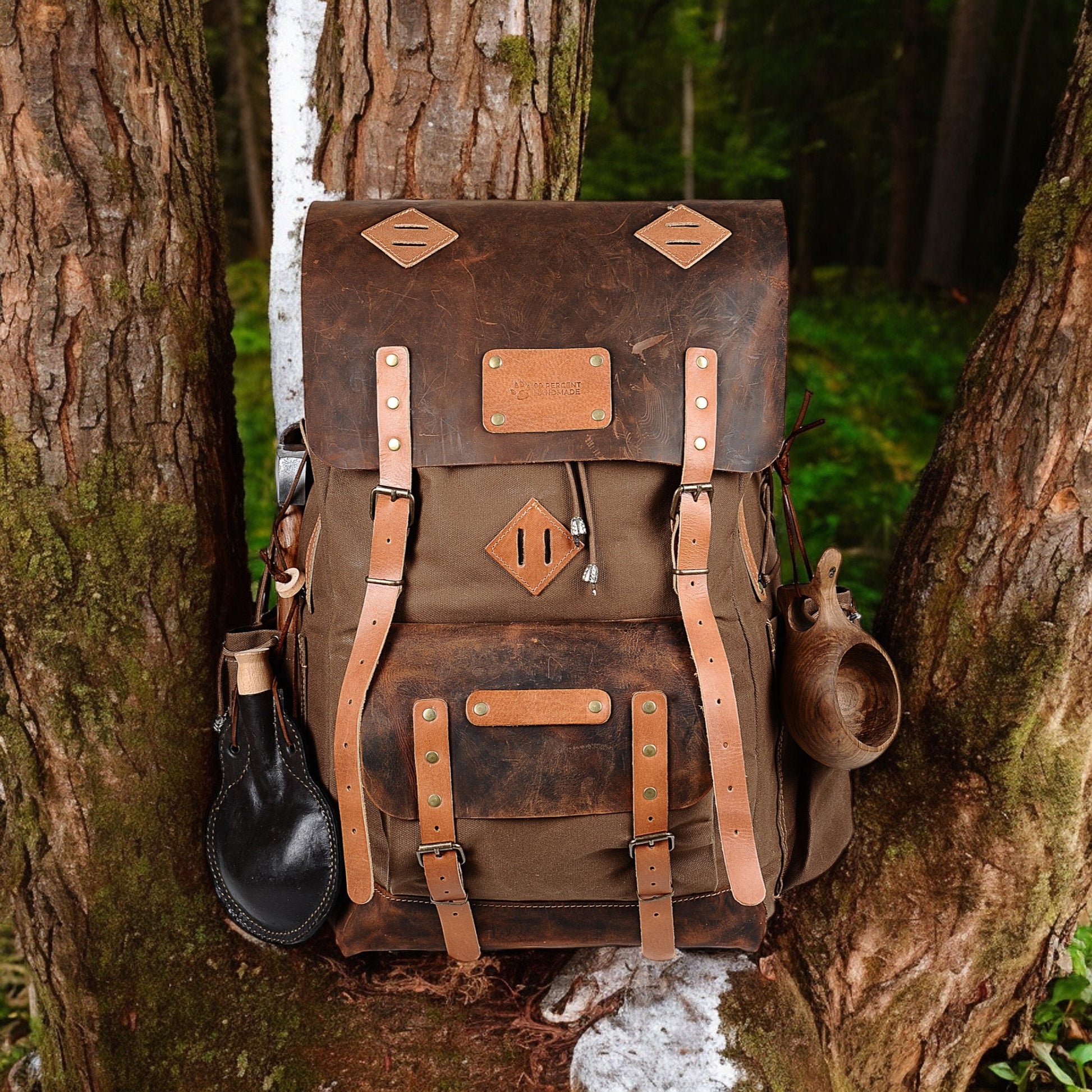 30L to 80L | Bushcraft Backpack | Leather and Waxed Canvas Backpack | Hiking Backpack | Extra large | Bushcraft | 99percenthandmade