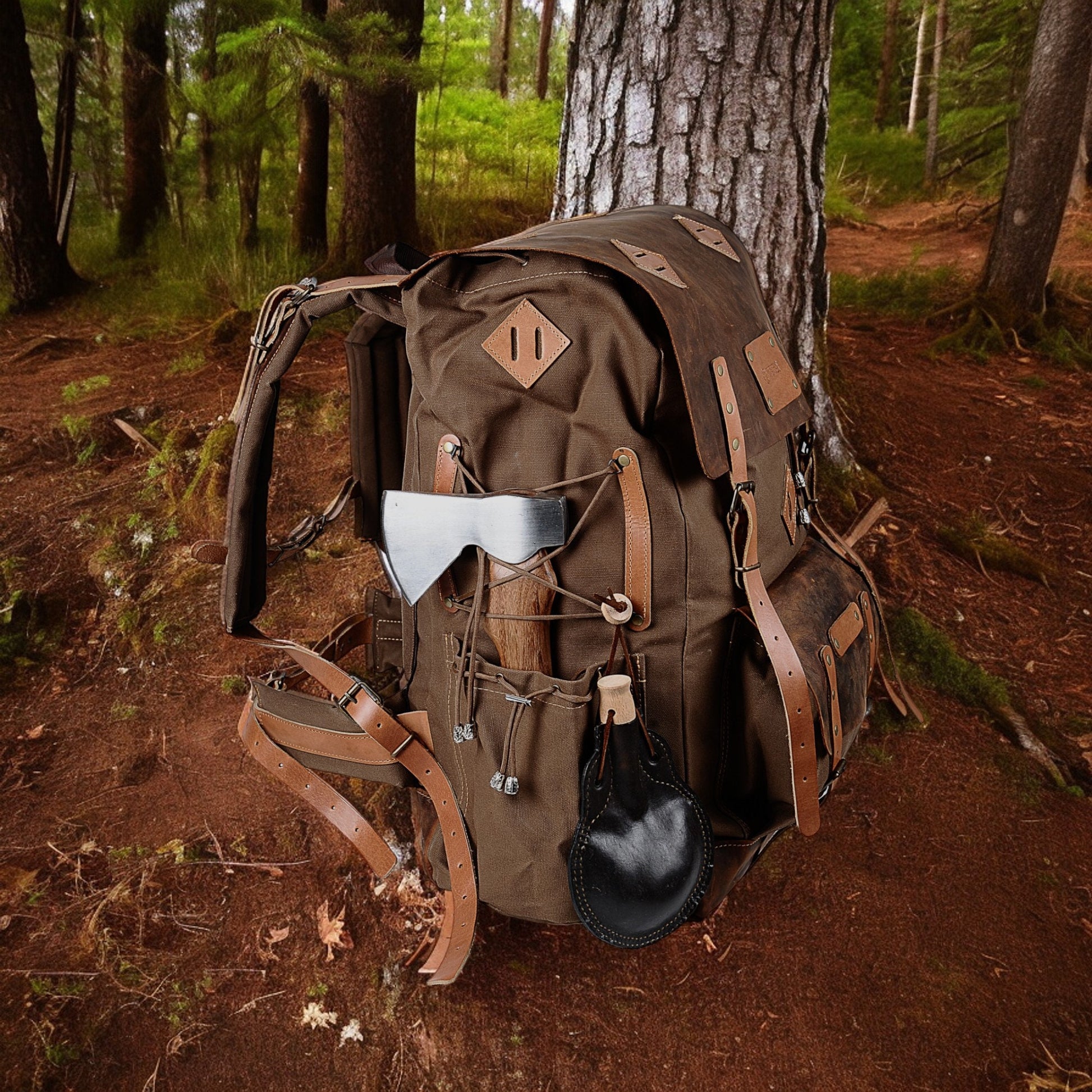 30L to 80L | Bushcraft Backpack | Leather and Waxed Canvas Backpack | Hiking Backpack | Extra large | Bushcraft | 99percenthandmade