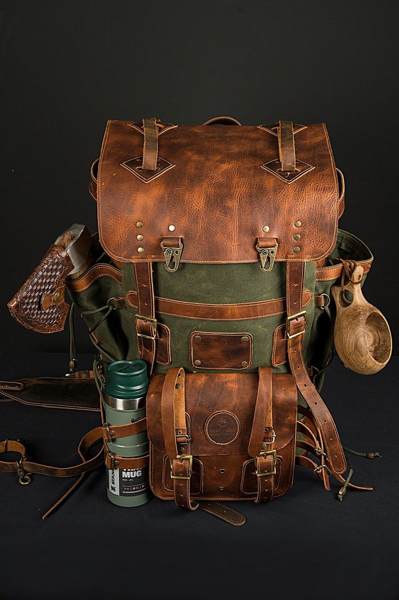 bavarian style leather backpack Custom Handmade Leather & Canvas Camping Backpack – Travel & Laptop Ready
