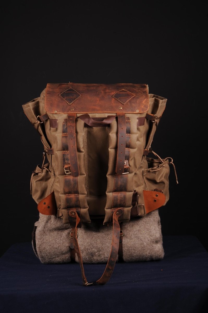 Camping Backpack | Leather & Waxed Canvas Backpack | Bushcraft, Hiking, Travel | 30L to 80L | Personalization Available - 99percenthandmade - 99percenthandmade - 30 L - Green - 