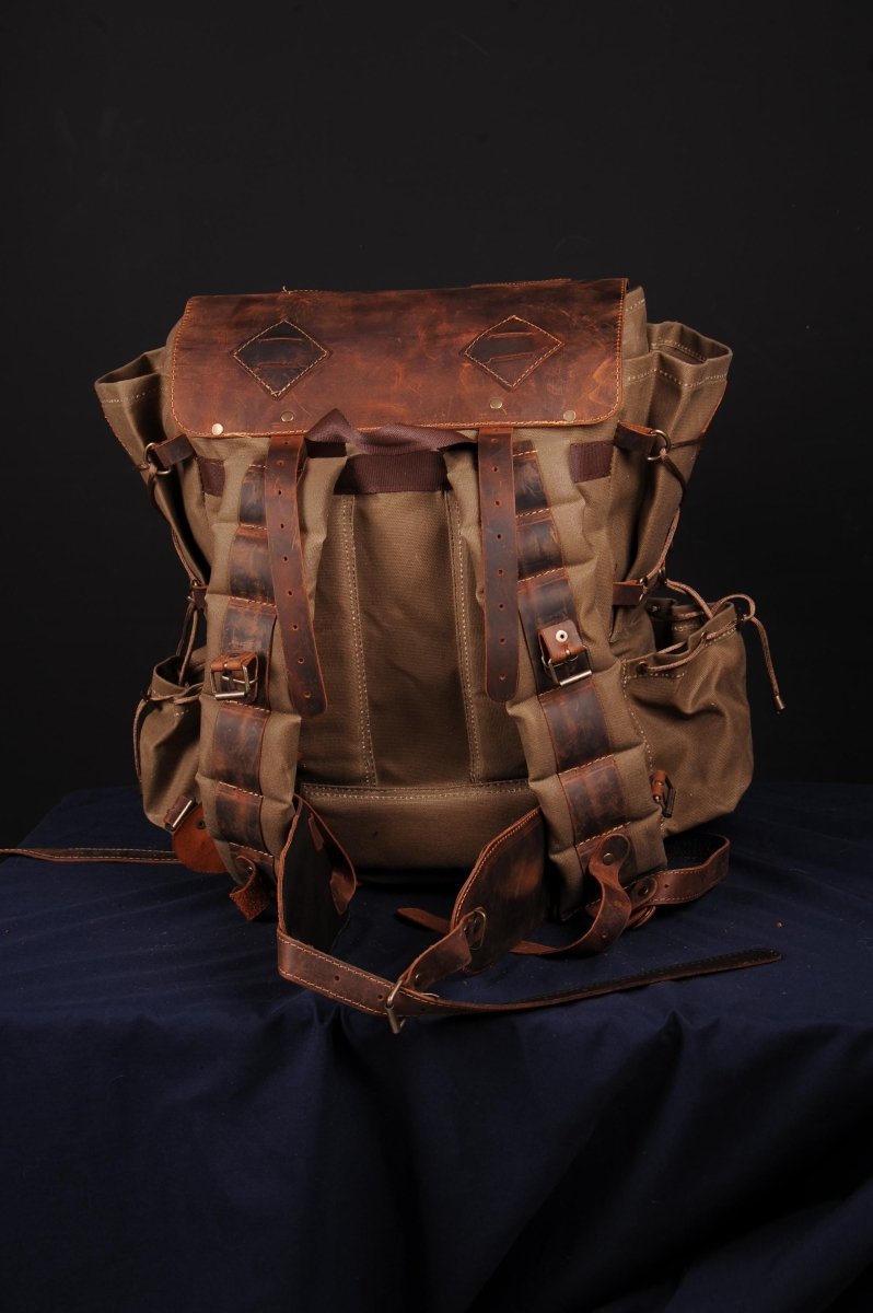 Camping Backpack | Leather & Waxed Canvas Backpack | Bushcraft, Hiking, Travel | 30L to 80L | Personalization Available - 99percenthandmade - 99percenthandmade - 30 L - Green - 