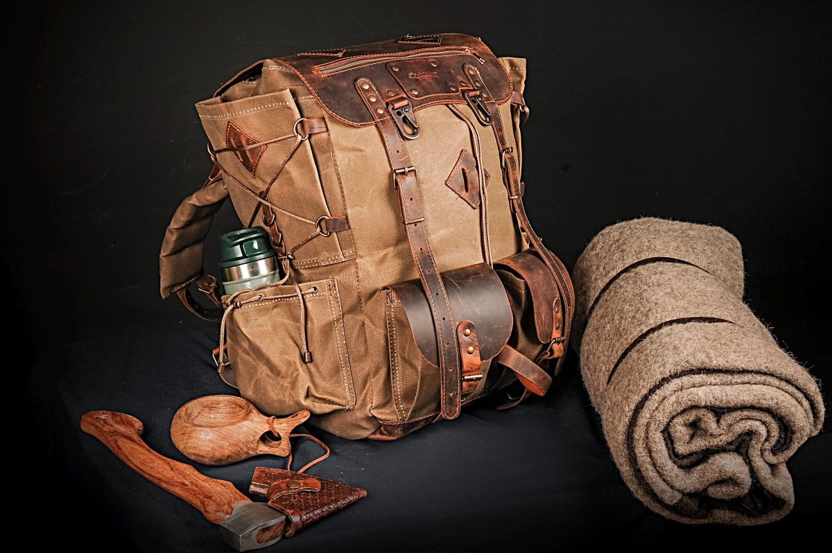 Camping Backpack | Leather & Waxed Canvas Backpack | Bushcraft, Hiking, Travel | 30L to 80L | Personalization Available - 99percenthandmade - 99percenthandmade - 30 L - Green - 
