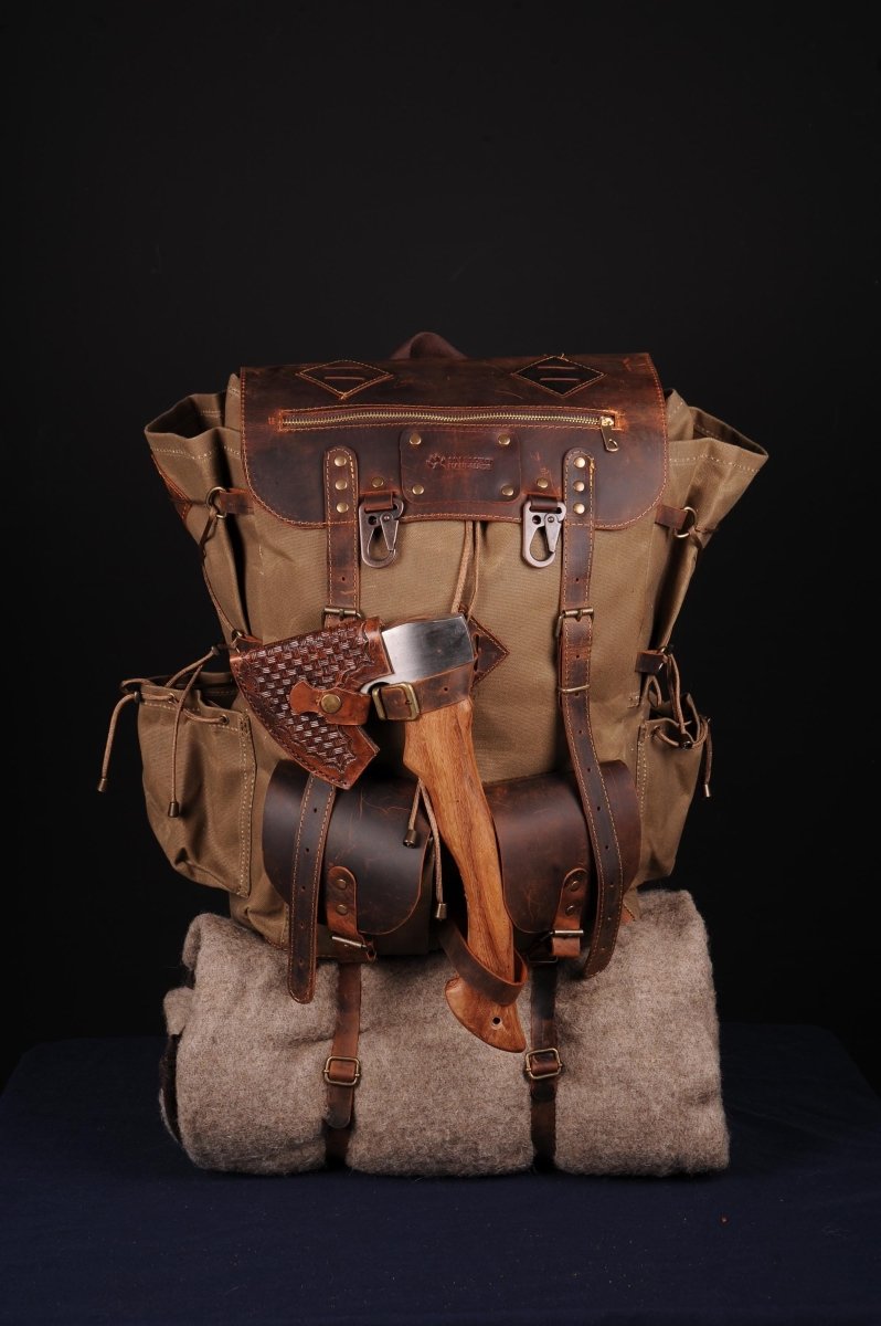 Camping Backpack | Leather & Waxed Canvas Backpack | Bushcraft, Hiking, Travel | 30L to 80L | Personalization Available - 99percenthandmade - 99percenthandmade - 30 L - Green - 