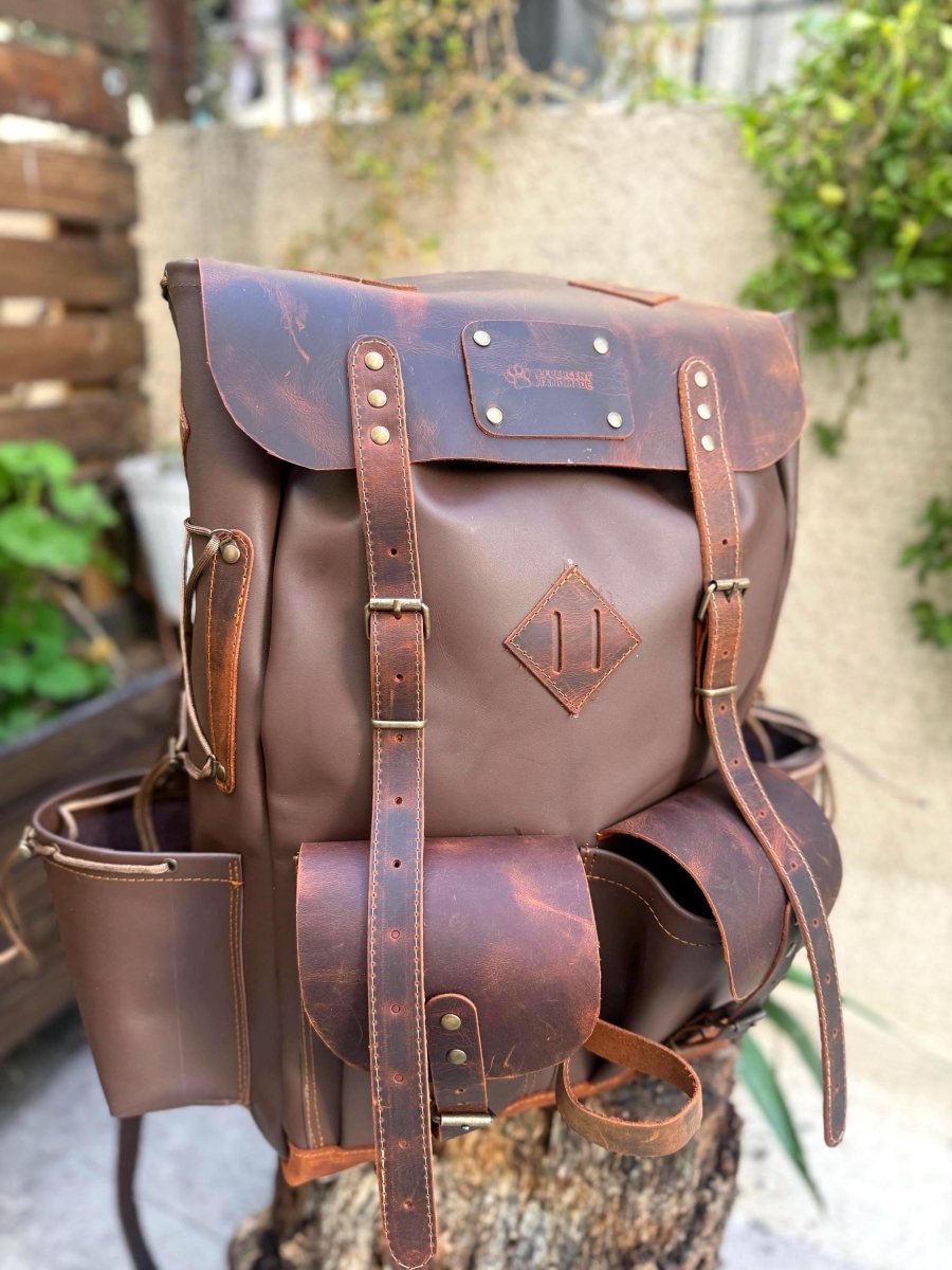 Black-Brown-Green-White | Camping Handmade Leather Backpack | 50 L | Daily Use | Bushcraft, Travel, Camping, Hunting, Fishing, Sports Bag 99percenthandmade