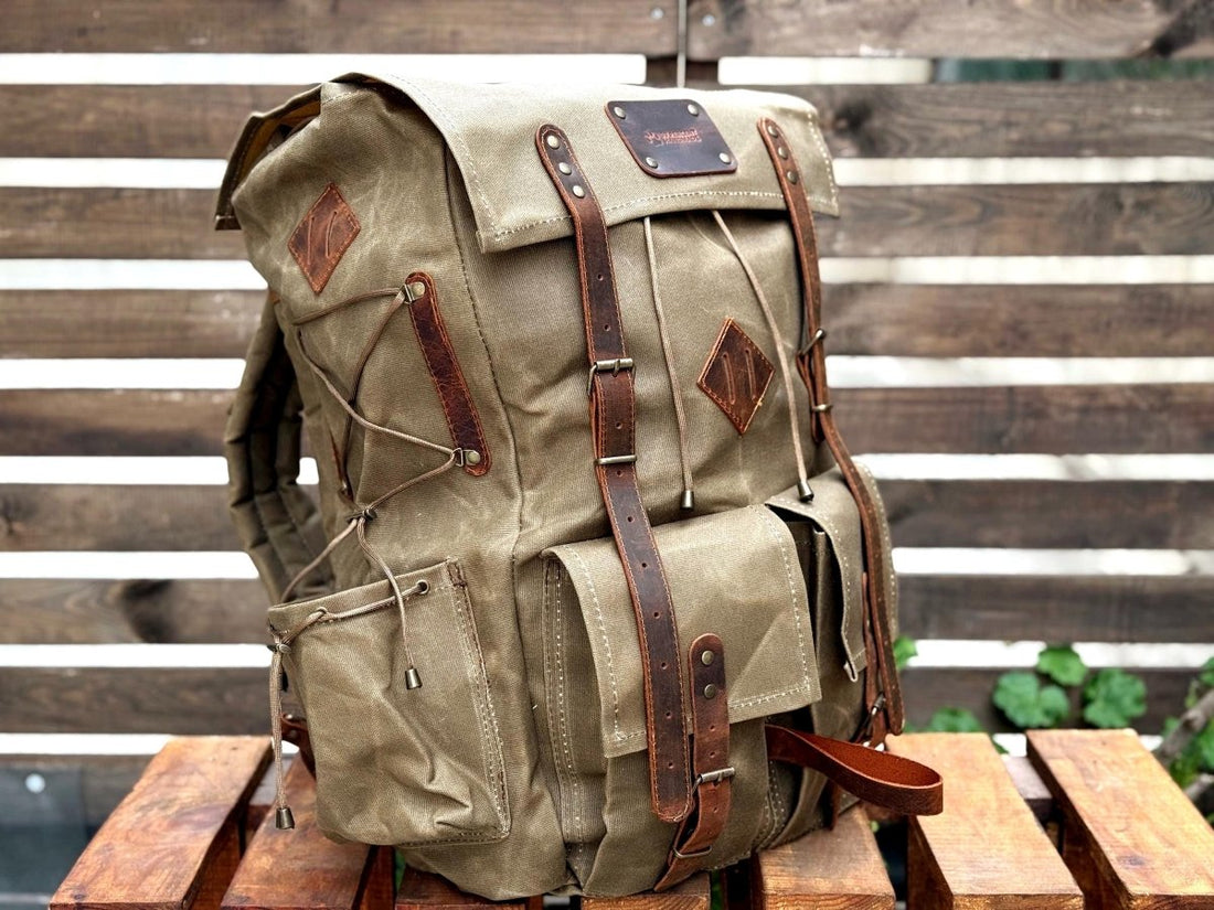 Limited | Green-Brown-Black-White | Waxed Canvas Backpack | 50 L | Personalize Backpack | Camping Backpack | Best gift for | Gift for Him 99percenthandmade