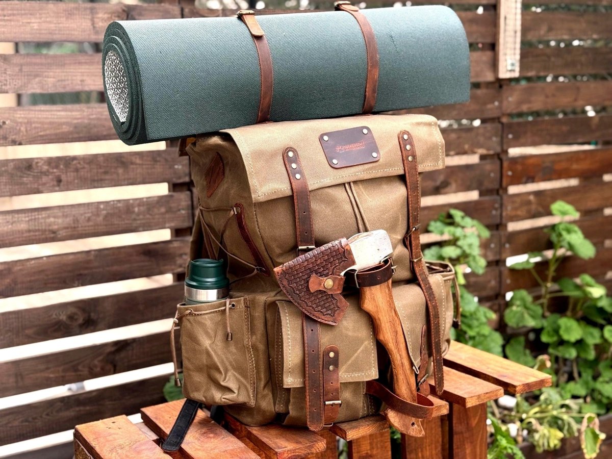 canvas leather bushcraft backpack Handmade Bushcraft Leather Backpack with Axe Holder, Travel
