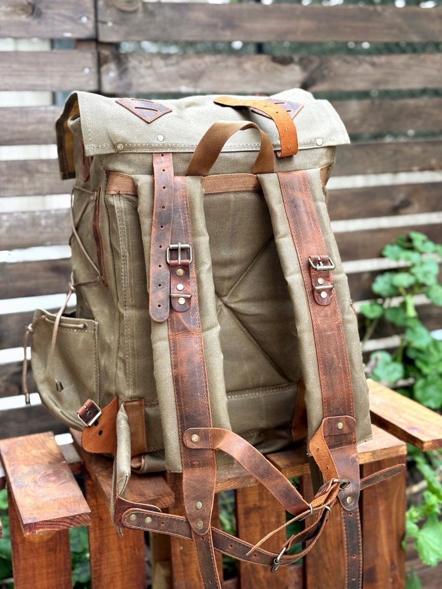 Limited | Green-Brown-Black-White | Waxed Canvas Backpack | 50 L | Personalize Backpack | Camping Backpack | Best gift for | Gift for Him 99percenthandmade