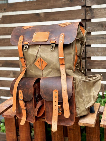 Camping Backpack | Hiking Backpack | Bushcraft Backpack | 30L to 80L | Green-Brown-Black-White | Leather and Canvas | Custom backpack | Gift 99percenthandmade
