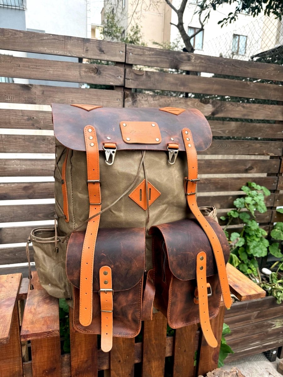 Camping Backpack | Hiking Backpack | Bushcraft Backpack | 30L to 80L | Green-Brown-Black-White | Leather and Canvas | Custom backpack | Gift 99percenthandmade