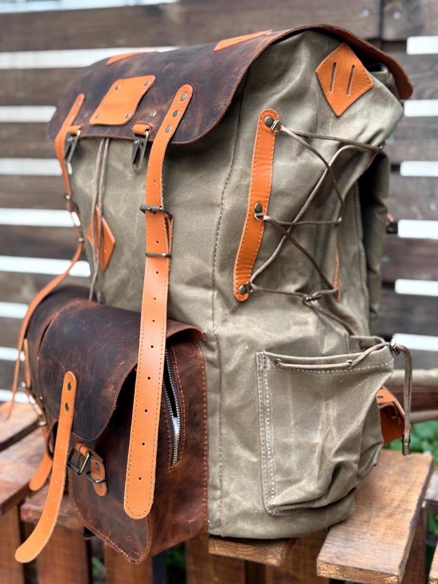 Camping Backpack | Hiking Backpack | Bushcraft Backpack | 30L to 80L | Green-Brown-Black-White | Leather and Canvas | Custom backpack | Gift 99percenthandmade