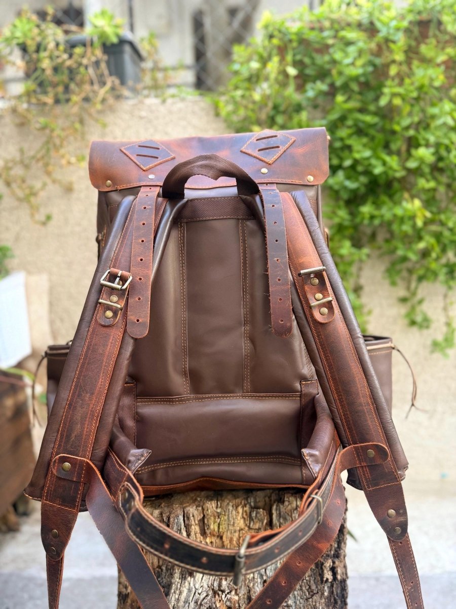 Black-Brown-Green-White | Camping Handmade Leather Backpack | 50 L | Daily Use | Bushcraft, Travel, Camping, Hunting, Fishing, Sports Bag 99percenthandmade