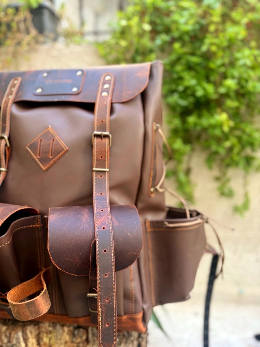 Black-Brown-Green-White | Camping Handmade Leather Backpack | 50 L | Daily Use | Bushcraft, Travel, Camping, Hunting, Fishing, Sports Bag 99percenthandmade