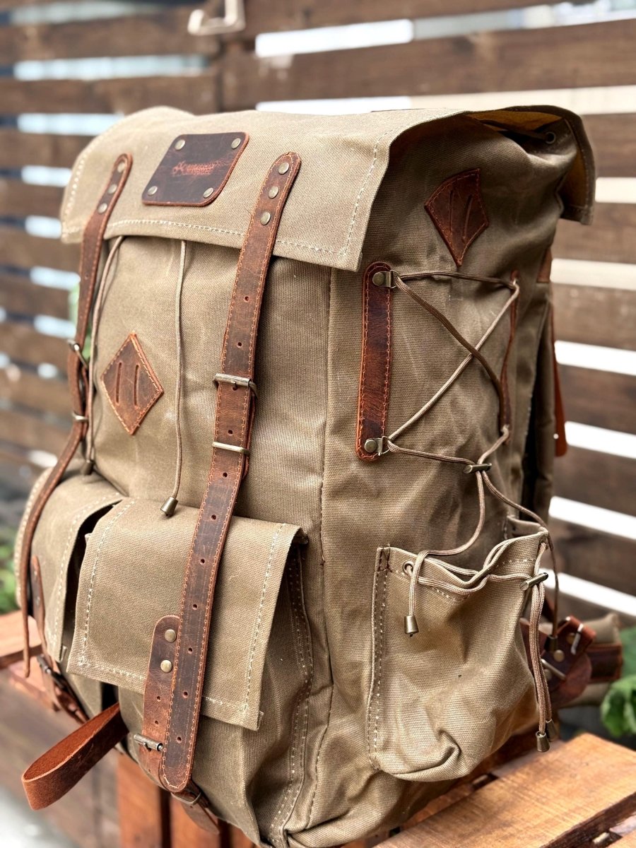 Limited | Green-Brown-Black-White | Waxed Canvas Backpack | 50 L | Personalize Backpack | Camping Backpack | Best gift for | Gift for Him 99percenthandmade