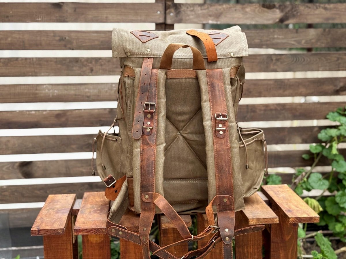 Limited | Green-Brown-Black-White | Waxed Canvas Backpack | 50 L | Personalize Backpack | Camping Backpack | Best gift for | Gift for Him 99percenthandmade