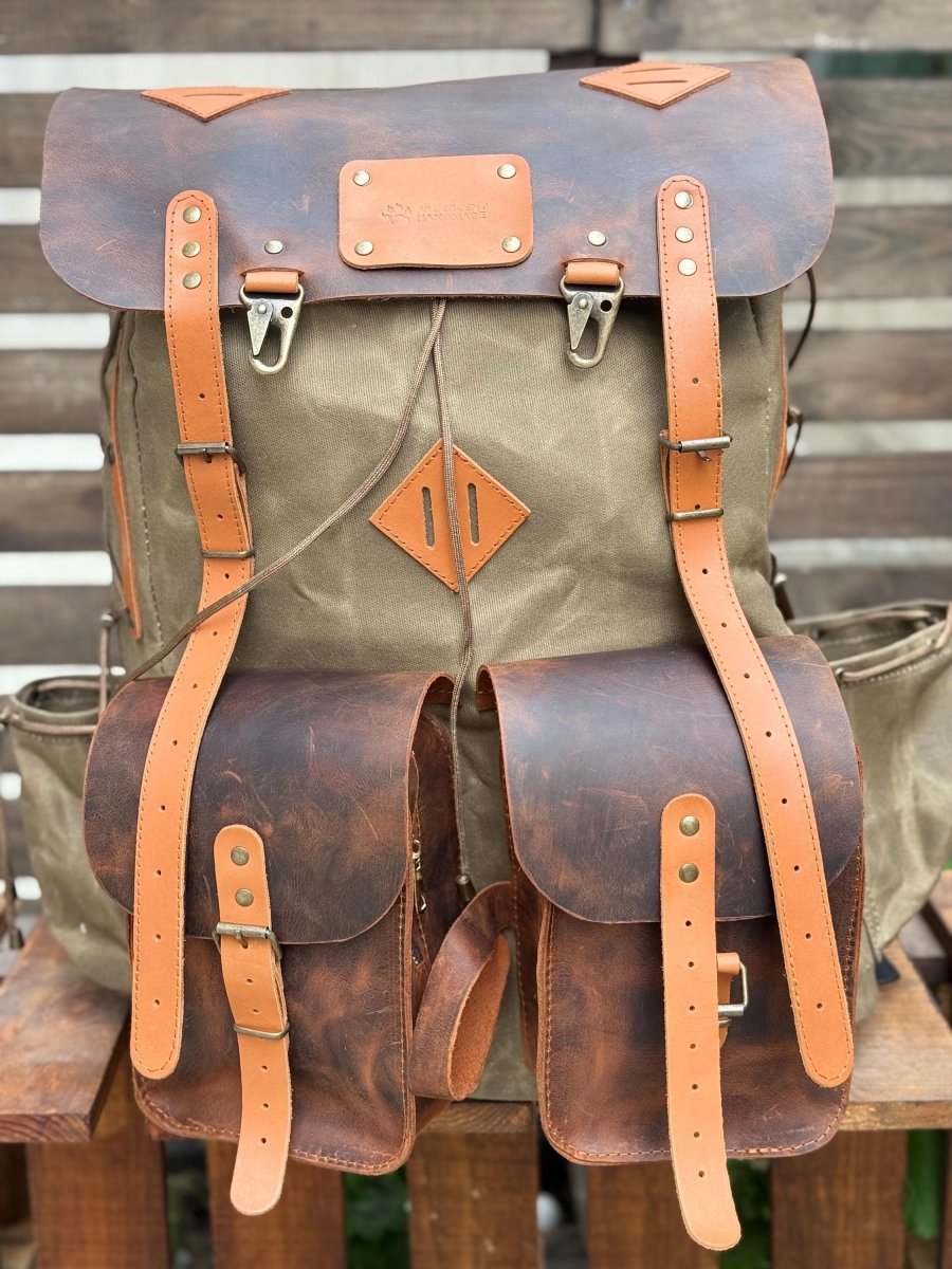 Camping Backpack | Hiking Backpack | Bushcraft Backpack | 30L to 80L | Green-Brown-Black-White | Leather and Canvas | Custom backpack | Gift 99percenthandmade