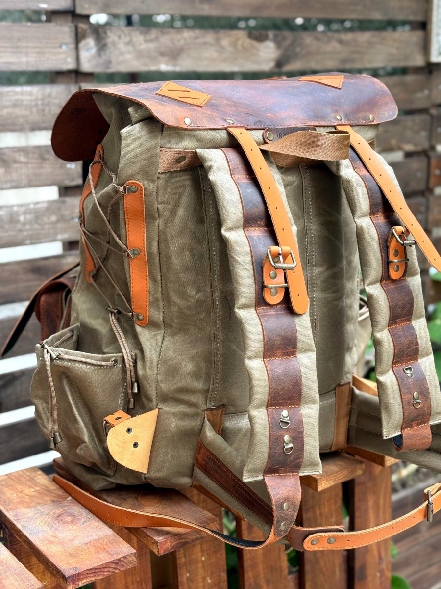 Camping Backpack | Hiking Backpack | Bushcraft Backpack | 30L to 80L | Green-Brown-Black-White | Leather and Canvas | Custom backpack | Gift 99percenthandmade