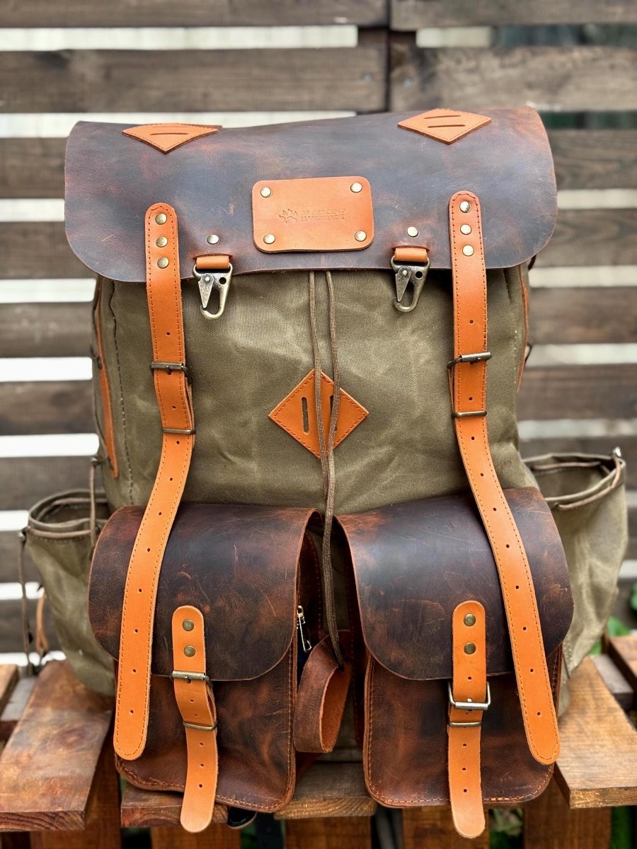 Camping Backpack | Hiking Backpack | Bushcraft Backpack | 30L to 80L | Green-Brown-Black-White | Leather and Canvas | Custom backpack | Gift 99percenthandmade