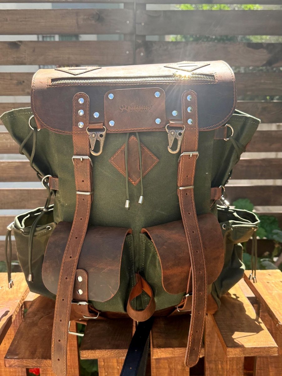 Camping Backpack | Leather & Waxed Canvas Backpack | Bushcraft, Hiking, Travel | 30L to 80L | Personalization Available - 99percenthandmade - 99percenthandmade - 30 L - Green - 