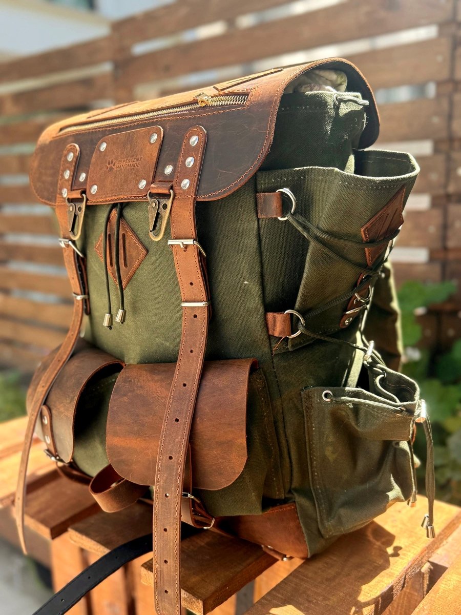 Camping Backpack | Leather & Waxed Canvas Backpack | Bushcraft, Hiking, Travel | 30L to 80L | Personalization Available - 99percenthandmade - 99percenthandmade - 30 L - Green - 