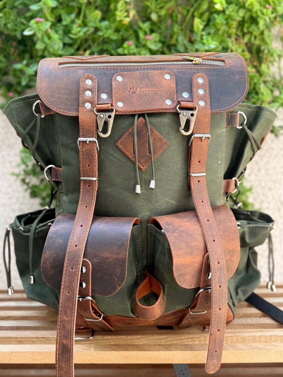 Camping Backpack | Leather & Waxed Canvas Backpack | Bushcraft, Hiking, Travel | 30L to 80L | Personalization Available - 99percenthandmade - 99percenthandmade - 30 L - Green - 