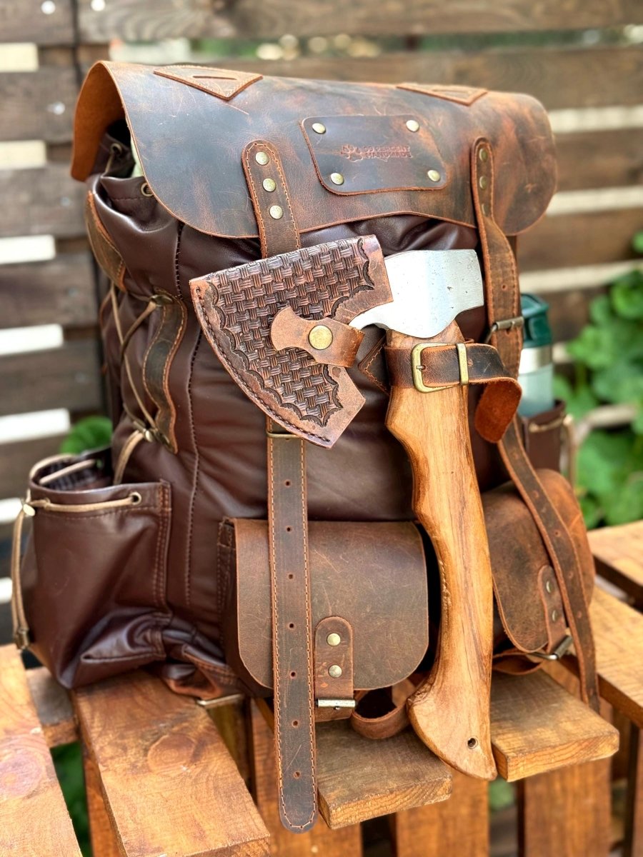 black and green leather backpack Elm Plant Handmade from full grain leather backpack for men Handmade Leather Backpack Axe