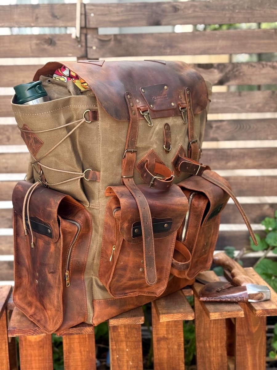 Travel Backpack | Leather Backpack | Hiking Backpack | 30L to 80L | Green-Brown-Black-White | Leather and Canvas | Custom backpack | Gift 99percenthandmade