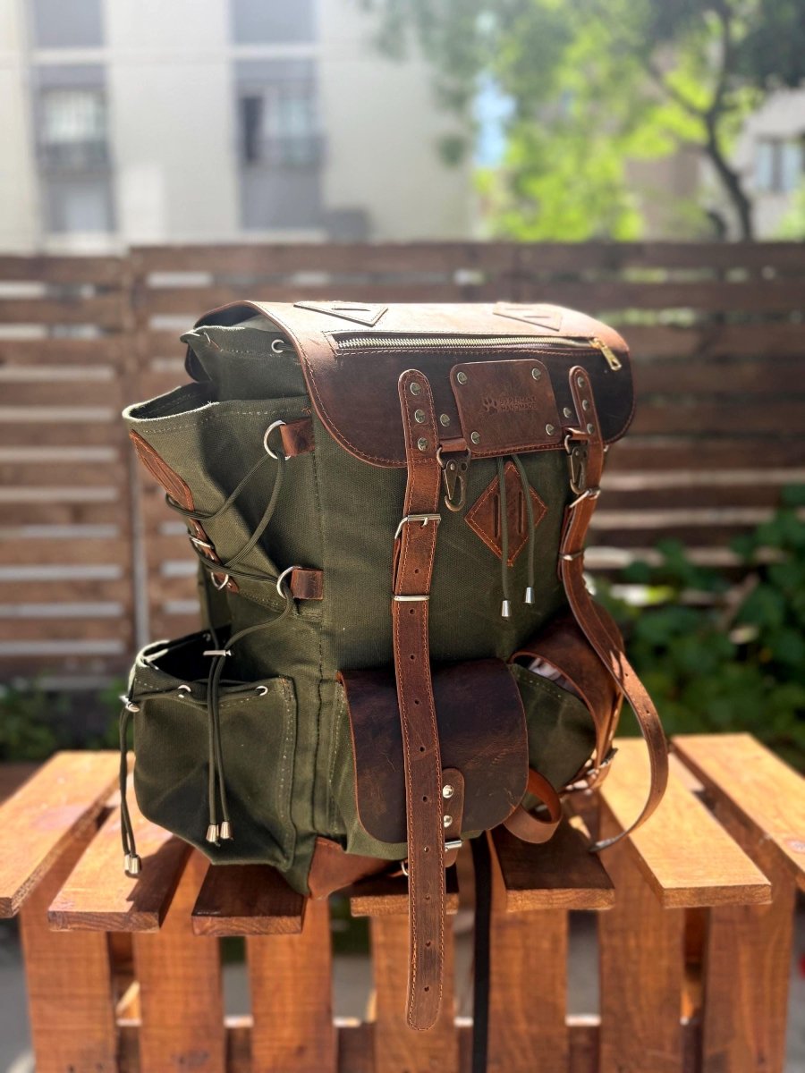 Camping Backpack | Leather & Waxed Canvas Backpack | Bushcraft, Hiking, Travel | 30L to 80L | Personalization Available - 99percenthandmade - 99percenthandmade - 30 L - Green - 