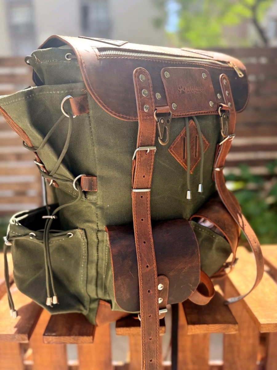 Camping Backpack | Leather & Waxed Canvas Backpack | Bushcraft, Hiking, Travel | 30L to 80L | Personalization Available - 99percenthandmade - 99percenthandmade - 30 L - Green - 