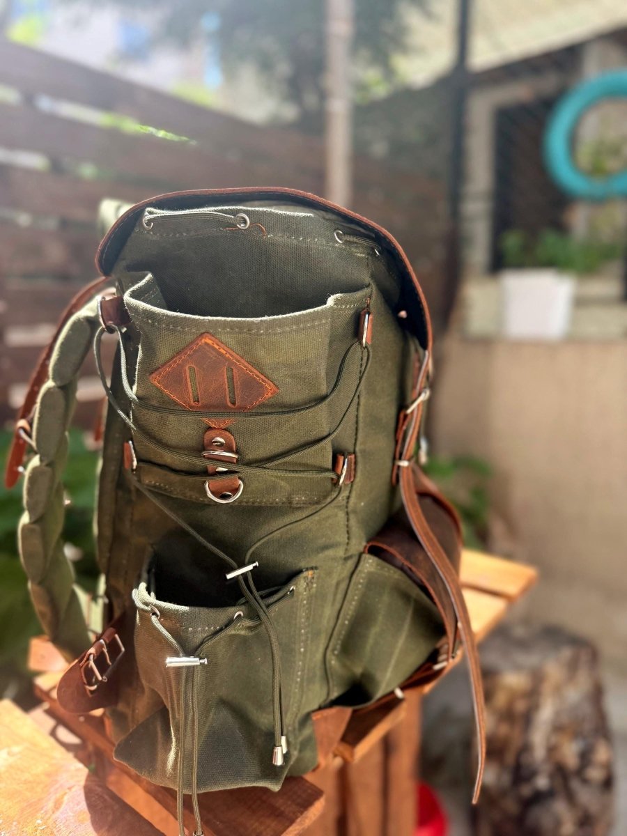 Camping Backpack | Leather & Waxed Canvas Backpack | Bushcraft, Hiking, Travel | 30L to 80L | Personalization Available - 99percenthandmade - 99percenthandmade - 30 L - Green - 