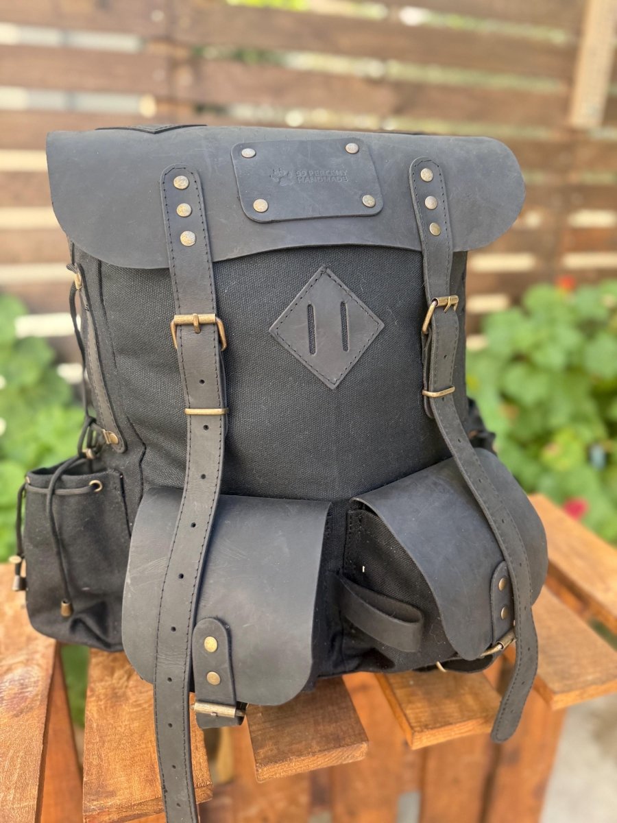 Limited | Travel Backpack | Camping Backpack | Green, Brown, Colours | Leather - Canvas Backpack for Travel, Camping, Bushcraft - 99percenthandmade - 99percenthandmade - Black - 30 Liters - 