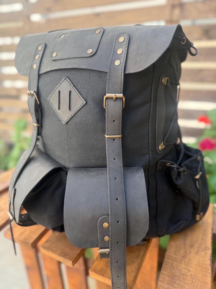 Limited | Travel Backpack | Camping Backpack | Green, Brown, Colours | Leather - Canvas Backpack for Travel, Camping, Bushcraft - 99percenthandmade - 99percenthandmade - Black - 30 Liters - 