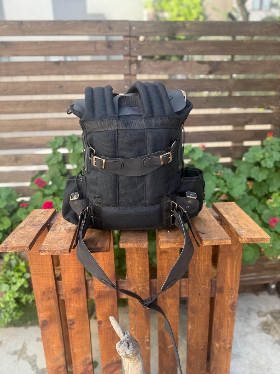 Limited | Travel Backpack | Camping Backpack | Green, Brown, Colours | Leather - Canvas Backpack for Travel, Camping, Bushcraft - 99percenthandmade - 99percenthandmade - Black - 30 Liters - 