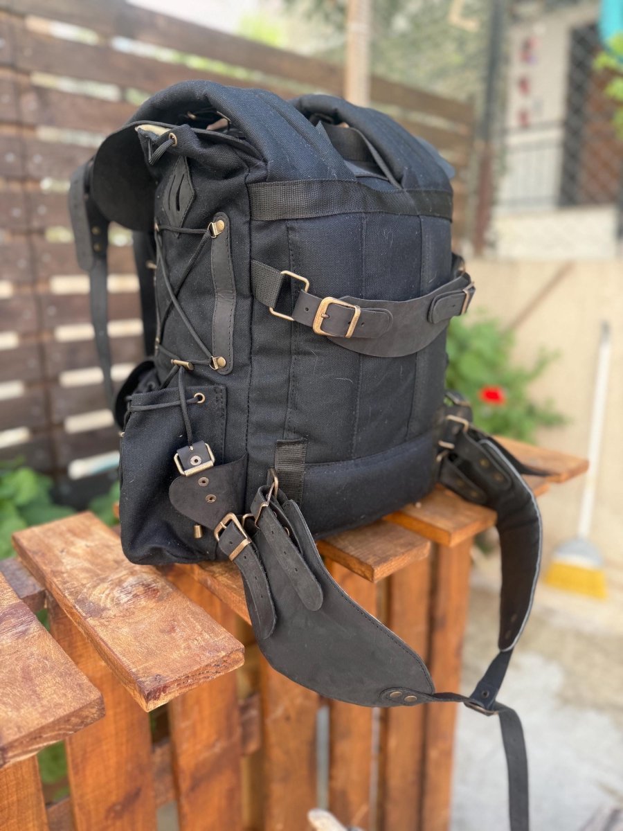 Limited | Travel Backpack | Camping Backpack | Green, Brown, Colours | Leather - Canvas Backpack for Travel, Camping, Bushcraft - 99percenthandmade - 99percenthandmade - Black - 30 Liters - 