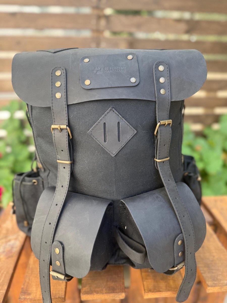 Limited | Travel Backpack | Camping Backpack | Green, Brown, Colours | Leather - Canvas Backpack for Travel, Camping, Bushcraft - 99percenthandmade - 99percenthandmade - Black - 30 Liters - 