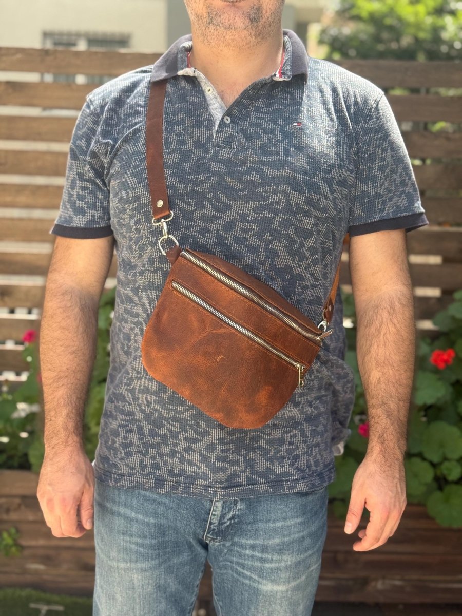 Black - Brown - Green |Handmade Leather Crossbody Sling Bag for Men | Grain Leather Fanny Pack | Chest Bag | Adjustable Strap Waist Belt Bag - 99percenthandmade - 99percenthandmade - Black - Medium - 