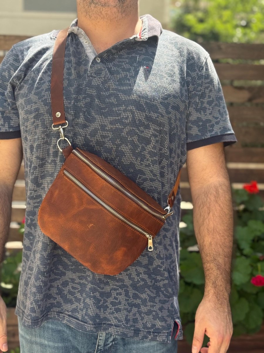 Black - Brown - Green |Handmade Leather Crossbody Sling Bag for Men | Grain Leather Fanny Pack | Chest Bag | Adjustable Strap Waist Belt Bag - 99percenthandmade - 99percenthandmade - Black - Medium - 